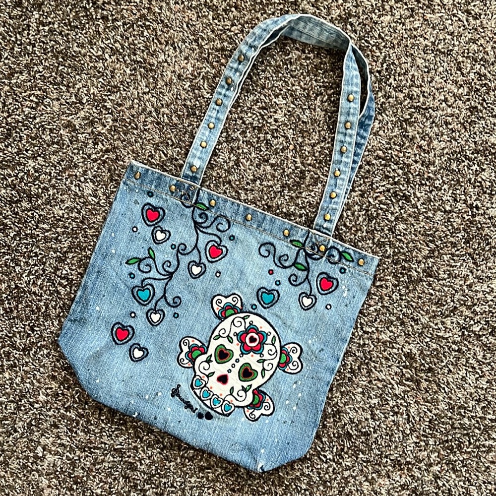 Vintage Y2K Soundgirl Embroidered Sugar Skull 100% Cotton Denim Stud Purse Bag